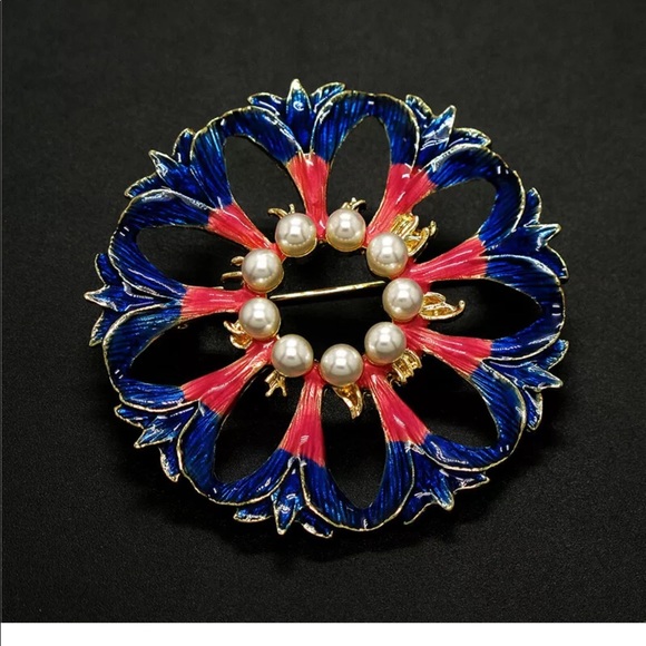 Pearl Red and Blue Flower Brooch Pin - Picture 2 of 7